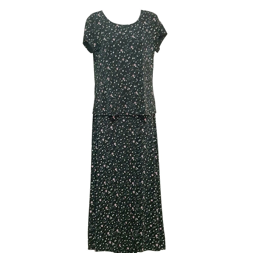 Vintage 90s Maxi Skirt & Top Set Briggs NY Women's M L Black Pink Floral